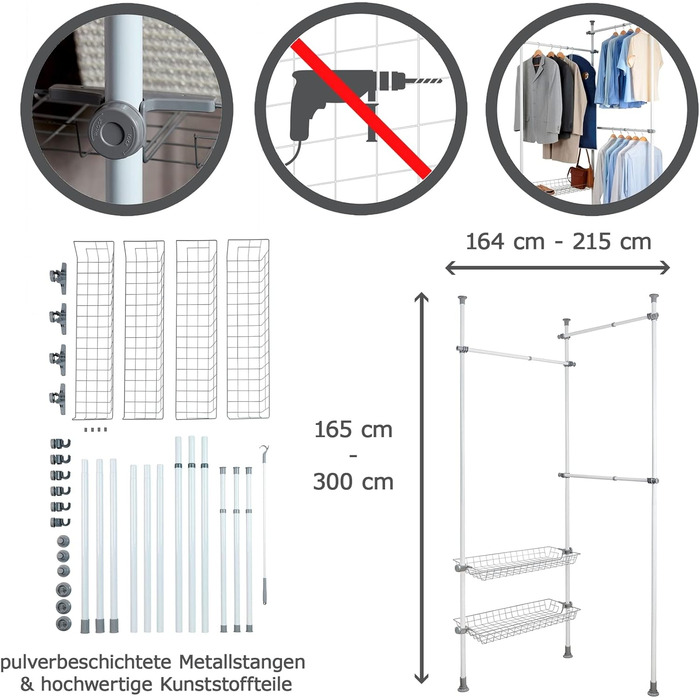 WENKO Telescopic System Hercules Duo, 3 Clothes Rails, 2 Storage Baskets, Extendable, Powder-Coated Metal, 164-215 x 165-300 x 38 cm, Matt (White, Single)