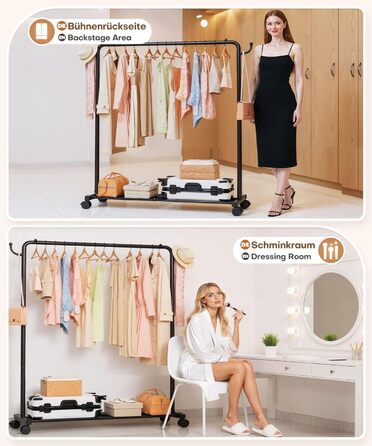 Міцний вішак для одягу на коліщатках Yorbay: металева стійка з полицею для багажу - компактна шафа для спальні, пральні, магазину (чорний, 117 см)