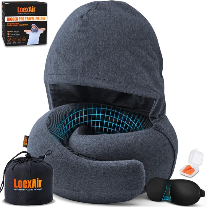 Подушка для шиї у літак, автомобіль: 100% бавовна, Memory Foam, зручна та легка, повний набір для подорожей (маска для сну, беруші) - (Темно-сірий, Hooded Pro)