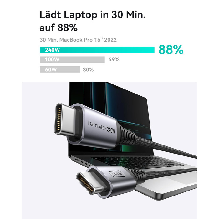 Кабель USB-C 240W, 2 шт. (2м+2м), нейлон, чорний, для iPhone, Samsung, Pixel, iPad, MacBook