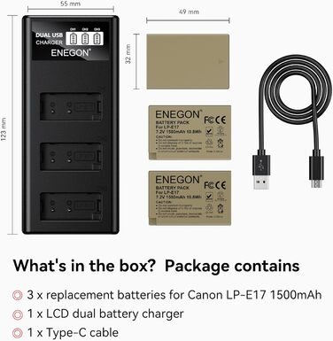 Акумулятори ENEGON LP-E17 1500mAh (3 шт.) + Зарядний пристрій LCD з 3-секційним відсіком, сумісний з Canon EOS R10, R8, RP, R50, R100, 200D, 250D, 77D, 750D, 760D, 800D, 8000D, M3, M5, M6, Rebel SL2, T6i, T6s, T7i