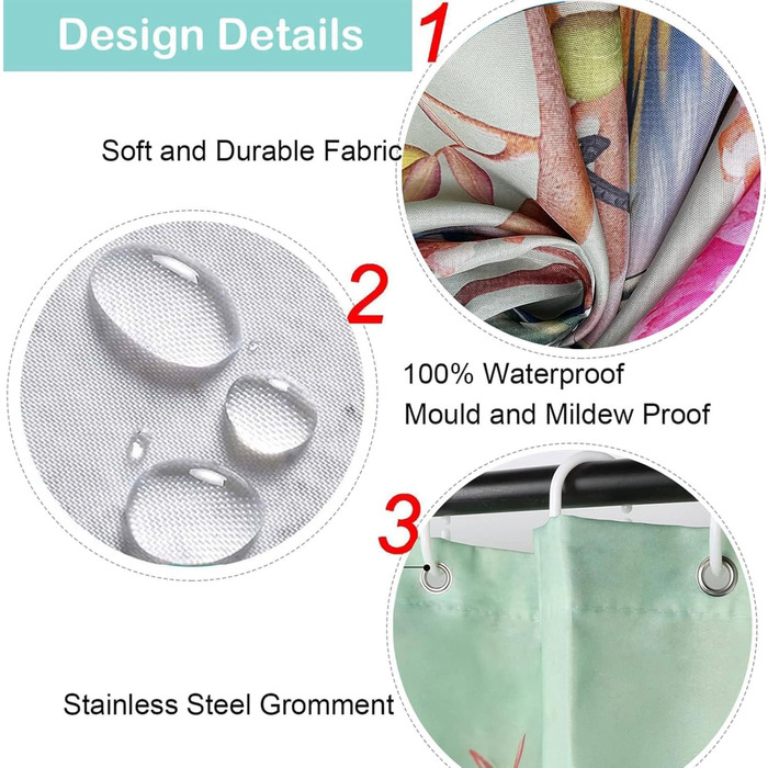 Штора для душу 180x180 см, зелена з квітами та пташками, антигрибкова, водонепроникна, поліестер, з кільцями (12 шт.)