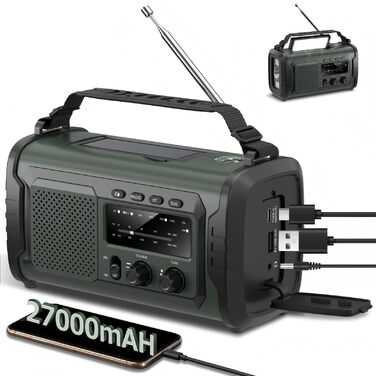 Радіо на сонячній батареї та ручному заводі Kurbelradio 27000mAh з SOS, Bluetooth, Powerbank, ліхтариком для кемпінгу та екстрених ситуацій (Зелений)