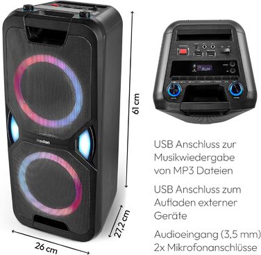MEDION PE-1 Pure Partybox: портативна Bluetooth-колонка з мікрофоном, світлові ефекти, караоке, AUX, USB, радіо (2 x 220 Вт)