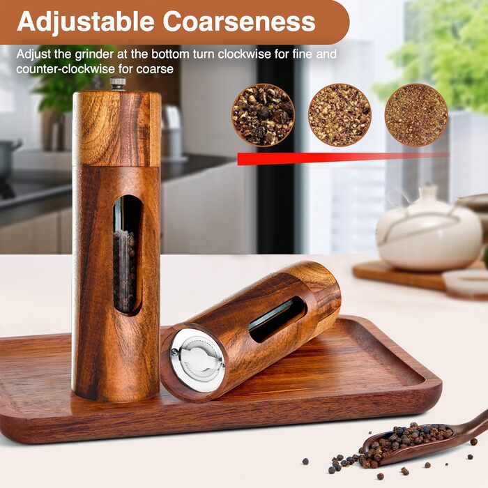 Механічна водяна млин для перцю та солі, набір 2 шт. з регулюванням помелу, керамічний жорно, з підставкою, 21.5 см