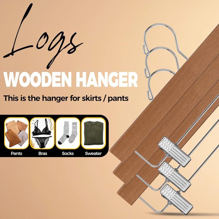 Набір дерев'яних вішалок для штанів та спідниць Quality Hangers, чорні, з регульованими затискачами та поворотним гачком (120 шт.)