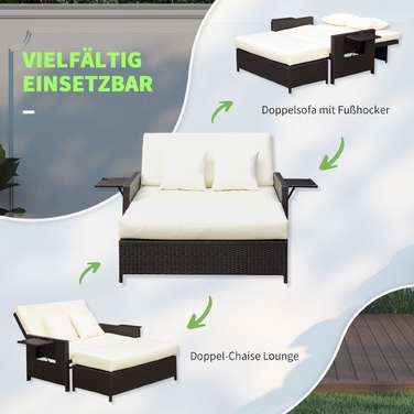 Крісло-софа Outsunny з ротангу Polyrattan, 2-місні, з подушками та пуфом, коричневого кольору, ідеально підходить для саду та тераси
