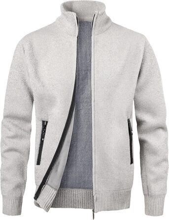 Чоловіча в'язана кофта з коміром-стійкою, на блискавці, з м'яким плюшевим підкладкою. Зручна чоловіча куртка-кардиган з тонкого в'язання для осені та зими (Бежевий, M)