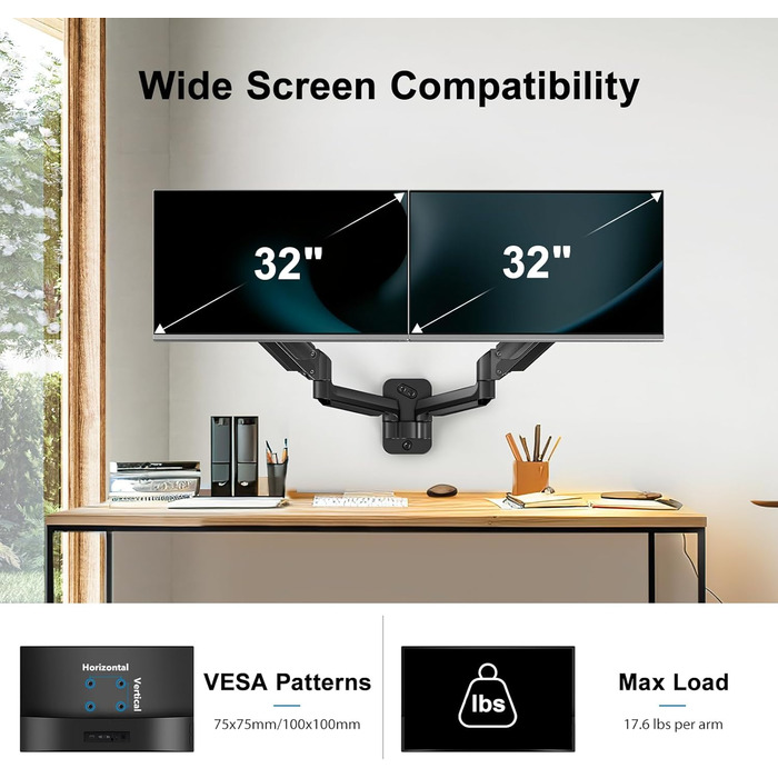Кріплення для монітора HUANUO, 2 монітори, 17-32 дюйми, газ-амортизатор, VESA 75/100 мм, 8 кг, для геймінгу