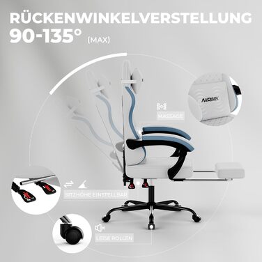 Геймерське крісло Ergonormic з підставкою для ніг та підтримкою попереку, регульоване, для дому, офісу, кіберспорту - біло-блакитне