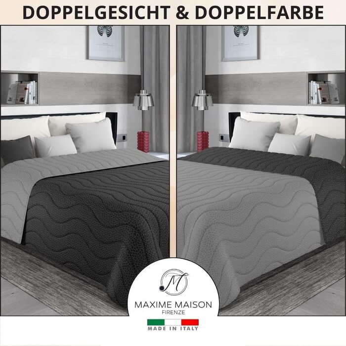 Тagesdecke 240x260 см Чорний/Сірий: двостороння постільна ковдра для дволіжка, стегане покривало з мікрофібри, Made in Italy