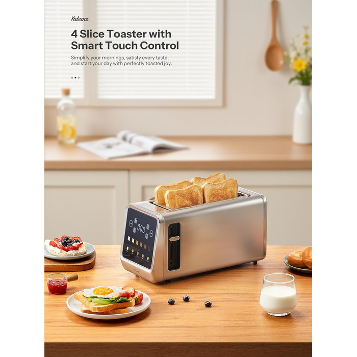 Тостер з нержавіючої сталі з сенсорним екраном та функцією пам'яті, 4-х слайсова модель з 6 рівнями підсмажування та 5 режимами для хліба, функціями розморожування та підігріву, технологією Single Slot