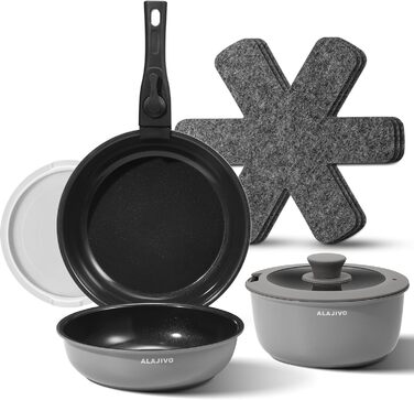 Набір посуду 9-ти частинний з знімним ручками, антипригарне покриття, керамічна сковорода, набір каструль з кришками, для всіх типів плит, безпечний у духовці (сірий)