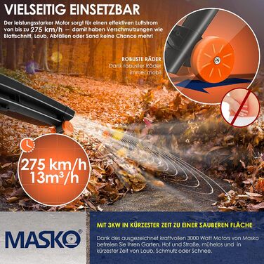 MASKO® Електричний садовий пилосос 3-в-1, 3000 Вт, з плечовим ременем, колесами і мішком 45 л, повітродувка та пилосос для листя, помаранчевий