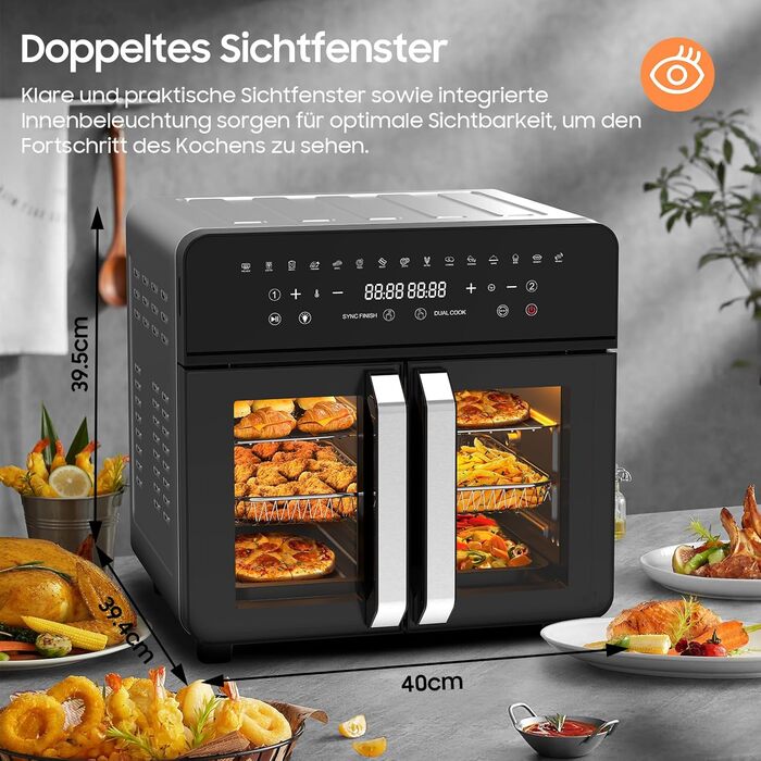 Фритюрниця гарячим повітрям 23л Dual Zone - XXL Airfryer з французькою дверцятами | Фритюрниця-печі з подвійною камерою, 15 програм, 2200W, 12 аксесуарів, знімний роздільник для камери, 50-200°C 23 л Dual