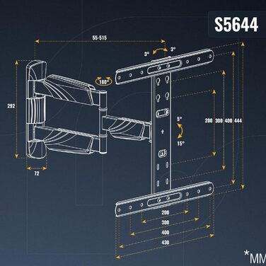 Настінний кріплення для телевізора RICOO S9544: поворотний, нахильний, універсальний, 40-65 дюймів, VESA 400x400, до 45 кг
