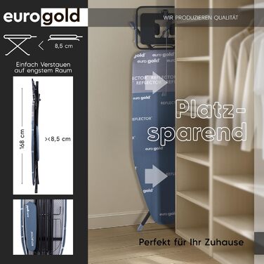 Прасувальна дошка EUROGOLD® XXL 130x48 см з турбочохлом та дощечкою для рукавів - для парогенераторів (Виготовлено в Європі) - з розеткою - стабільна та регульована по висоті, блакитна