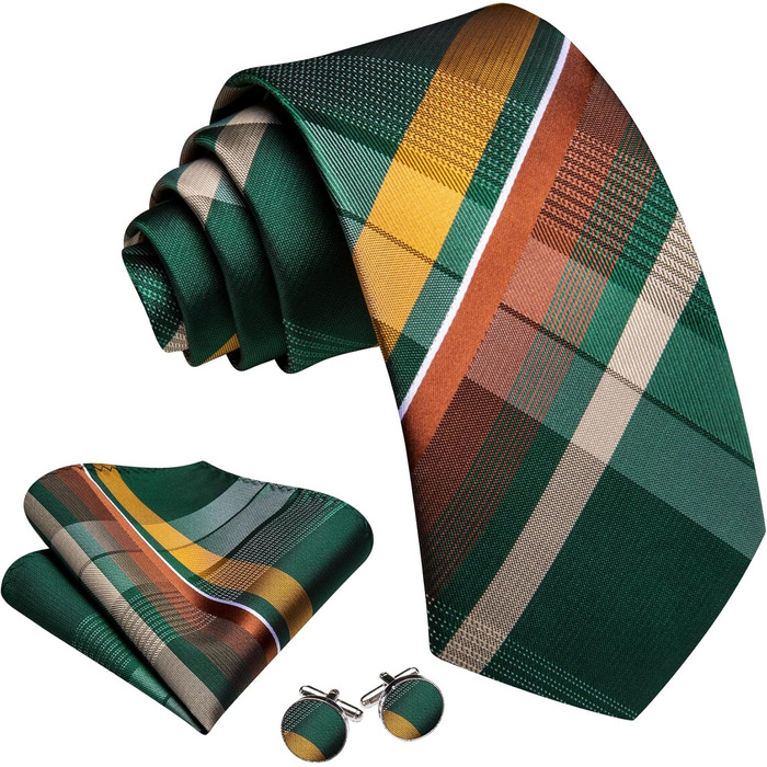 Краватка Barry.Wang в клітинку з набором для краватки (хустинка, краватка, запонки) – зелено-жовта