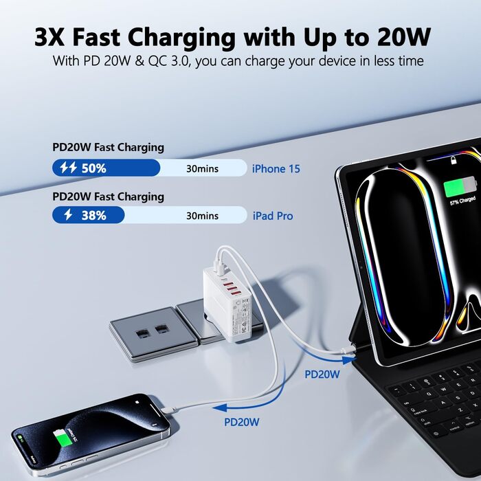 Зарядний пристрій USB-C 50W, 5 портів: 2 USB-C та 3 USB-A, швидка зарядка PD 3.0 для iPhone, Samsung, телефонів, планшетів (Сірий)