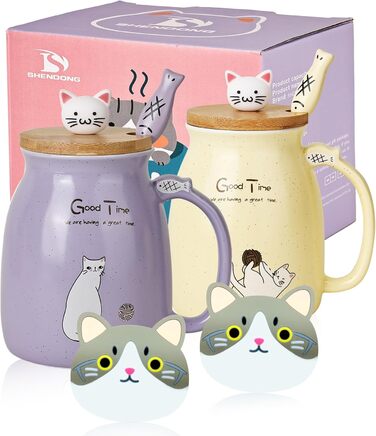 Set of 2 Cat Mugs - Cute Ceramic Coffee Cups in a Set of 2 with Bamboo Lid and Spoon. Novelty Morning Cup Coffee, Milk, Tea Cups - 3D Cat Animal Mugs for Cat Lovers (Purple and Yellow)