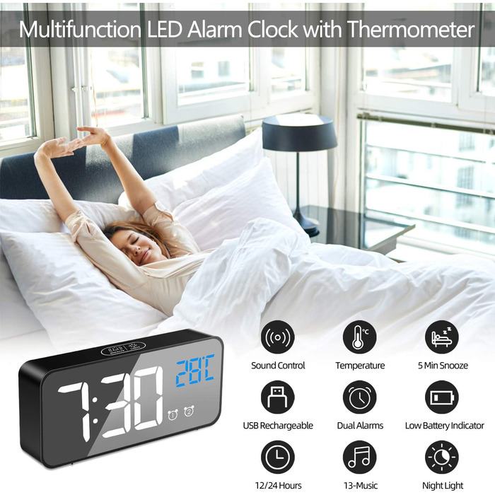 Цифровий годинник MOSUO з LED-дисплеєм, USB-зарядка, показник температури, голосове керування, 2 будильники, відкладений сигнал, регулювання яскравості та гучності (Чорний)