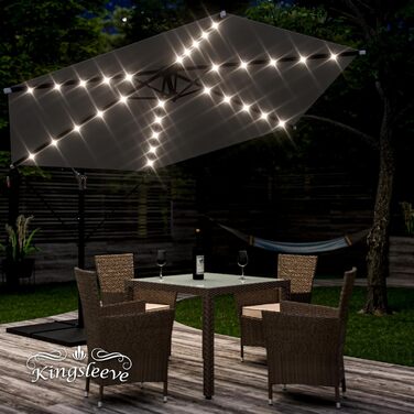 Kingsleeve® Canopy Umbrella LED Lighting UV Protection 80+ Solar Stand Protective Cover 300cm Large Crank Balcony Terrace Garden Umbrella Parasol Anthracite