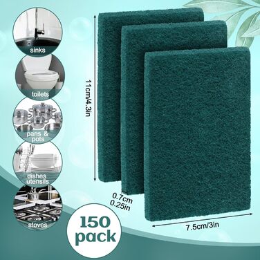 Hoolerry 150-Piece Heavy-Duty Scrub Sponges, Scratch-Resistant, Household Cleaning Sponges, Reusable, Pan Scrubber, Anti-Grease Sponges for Dishes, Kitchen, Metal Grills, 10.9 x