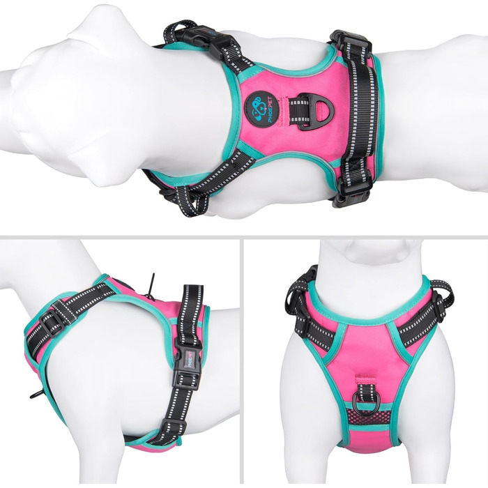 Шлейка для собак PHOEPET Anti-Zug з відбиваючими елементами, регульована, для цуценят та собак різних розмірів (блакитна основа та рожеві ремінці) - розмір S, рожева