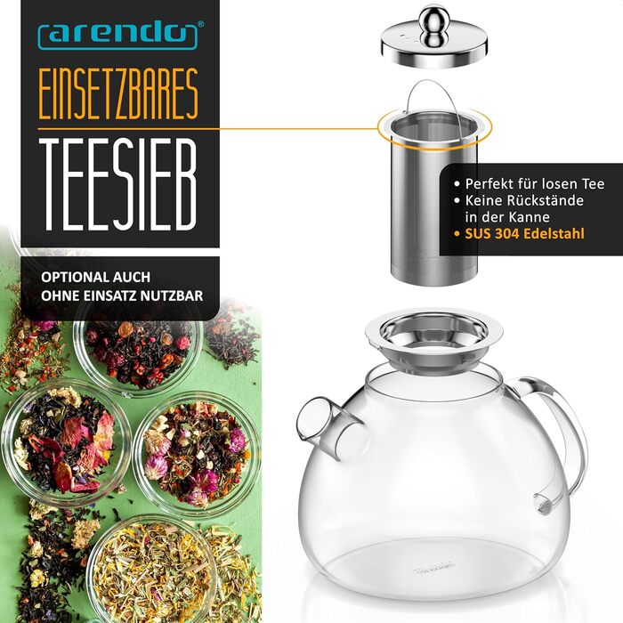 Скляний чайник Arendo з підставкою для підігріву та ситом, 1500 мл, термостійке боросилікатне скло, для листового, трав'яного та фруктового чаю