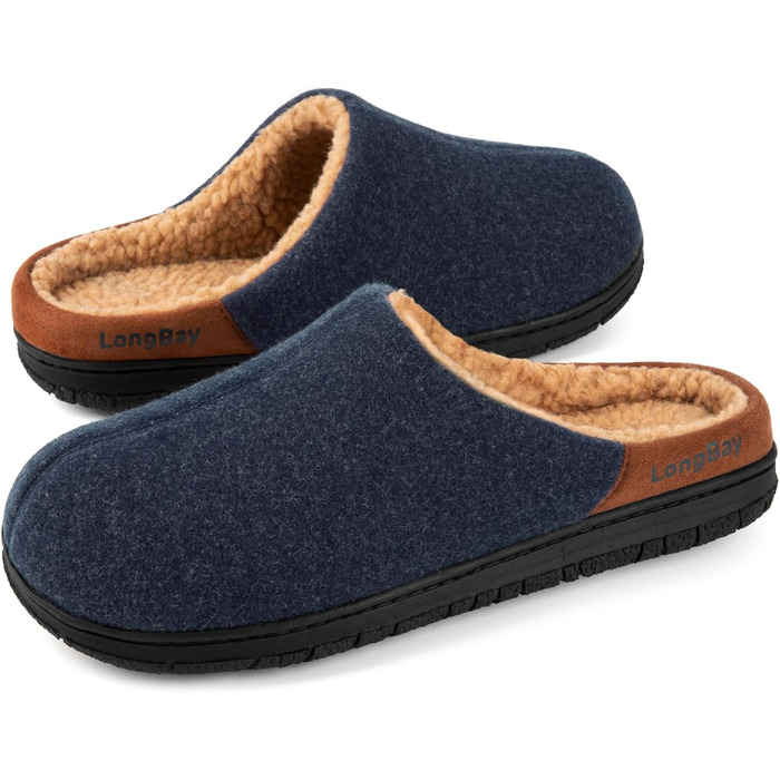 Чоловічі халати-тапочки LongBay з м'якою піною Memory Foam та Sherpa підкладкою, теплі халати для дому та вулиці (44 EU, Navy Blue)