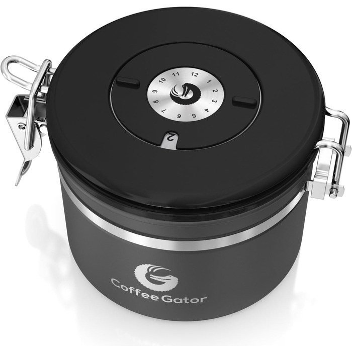 Контейнер для кави Coffee Gator з нержавіючої сталі - зберігає каву свіжою довше. З датою розкриття, CO2-вентилем та мірною ложкою. Маленький, сірий.