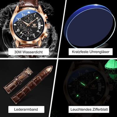 Чоловічий годинник OLEVS Vintage з шкіряним ремінцем, велике циферблат, водонепроникний, аналоговий годинник з датою (2878, чорний циферблат/коричневий ремінець)