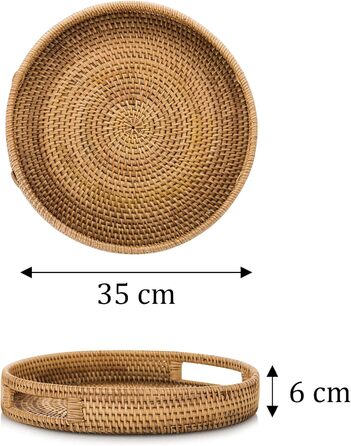 Sziqiqi Rattan Serving Tray with Handles 35cm Hand-woven Wicker Tray Rattan Tray Rustic Decorative Tray for Breakfast, Drinks, Snacks, Bread for Coffee Table Bar Dinner Parties