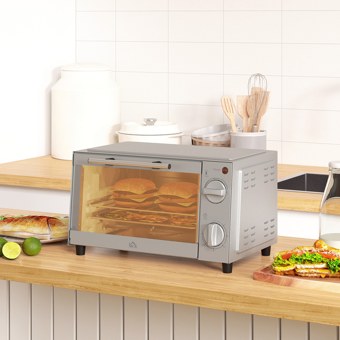 HOMCOM 9L Mini Oven with Baking Tray, Grill Rack, 100°C-230°C, with Adjustable Temperature and Cooking Time, 60 Min. Timer, 750W, Stainless Steel, Silver | Aosom