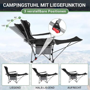 Кемпінговий стілець-шезлонг WEJOY 2-в-1, складний, з регульованою спинкою та підставкою для ніг, чорний (2 шт.)