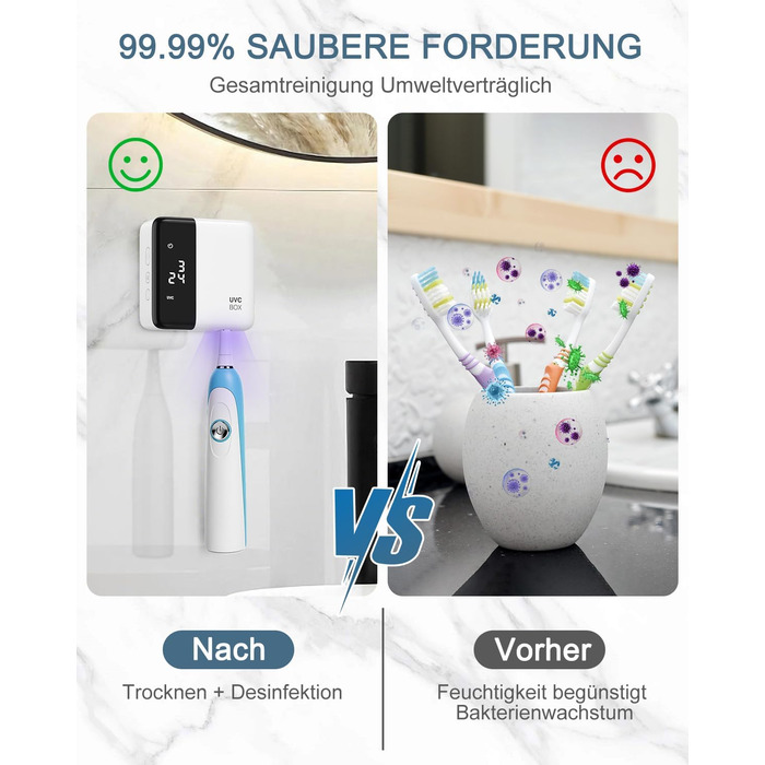 Електричний стерилізатор зубних щіток з сушкою 60°C, LED-дисплеєм, годинником, акумулятором та кріпленням на стіну без свердління. Білий+чорний