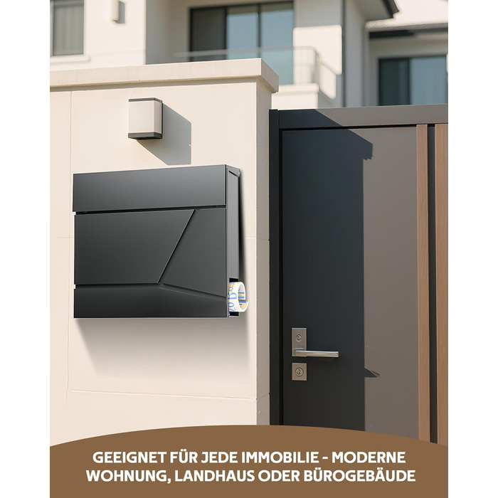Поштовий ящик Edestahl Anthrazit з газетницею (37x37x10 см), персоналізований з табличкою для імені, вуличний, захист від реклами