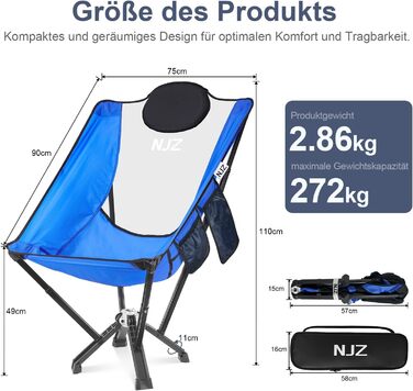 Зручний складаний стілець для кемпінгу NJZ, 200-600 lbs, міцний, легкий, з сумкою для транспортування, блакитний, для відпочинку на природі, риболовлі, саду та пікніків