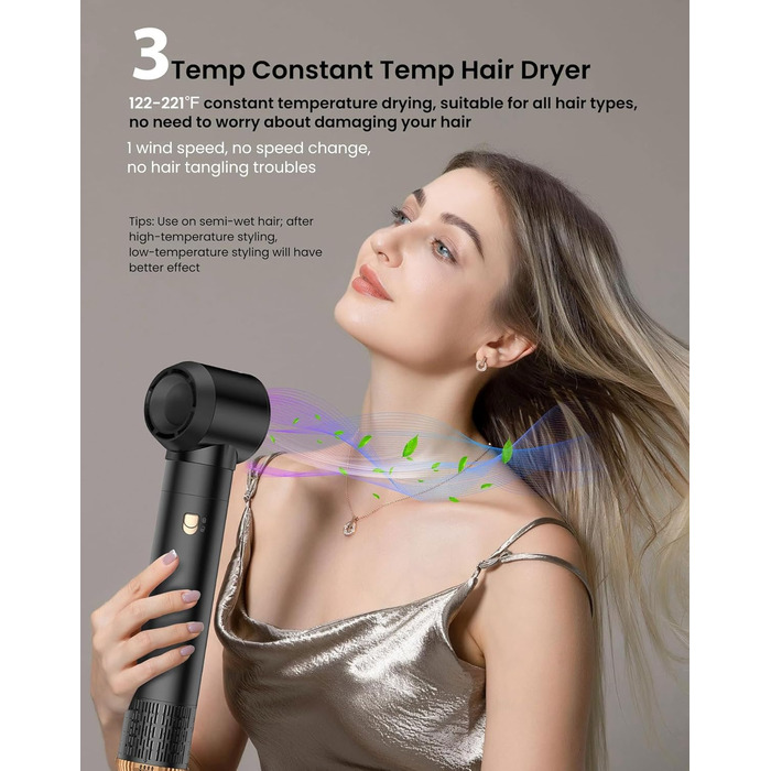 Набір для укладки волосся 6 в 1: фен-щітка, плойка, негайні іони, 110000 обертів, регулювання температури, тиха робота (чорний)