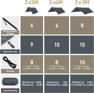 Водонепроникна тент VOSOIR 3x3/3x5 м: легка, анти-UV, для кемпінгу, пікніка, відпочинку, з люверсами та шнурами