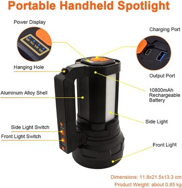 ERAY LED ліхтар-прожектор 11000 лм, акумулятор 9600 мАг, 6 режимів, водонепроникність IPX4, Power Bank, для кемпінгу, туризму, надзвичайних ситуацій, активного відпочинку