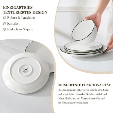 Набір посуду MALACASA LEILA для 6 осіб, 24 предмета: тарілки, миски, порцеляна, ручне рельєфне оформлення, підходить для мікрохвильової печі та посудомийної машини, білий з чорним контуром