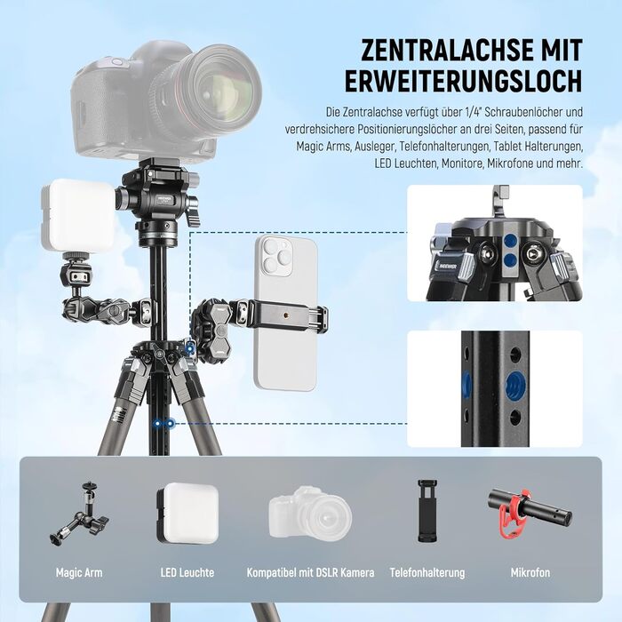 Штатив для камери NEEWER BASICS 77' з моноподом, кульковою головкою 360°, QR-пластиною Arca, компактний, легкий, алюмінієвий, для подорожей, відеозйомки, максимальне навантаження 6 кг (LT37)