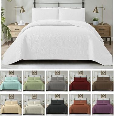 Luxurious Reversible Quilt Set, Embroidered, Cotton, King Size, 3-Piece, Quilted, Quilt Set with 2 Pillowcases, Lightweight and Breathable, Solid Color, Bedspread for Double Bed, Beige