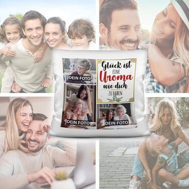 Подушка з наповнювачем Print Royal з фотоколажем та написом для прабабусі GLÜCK, з трьома власними фото, подарункова фотоподушка з поліестеру, біла
