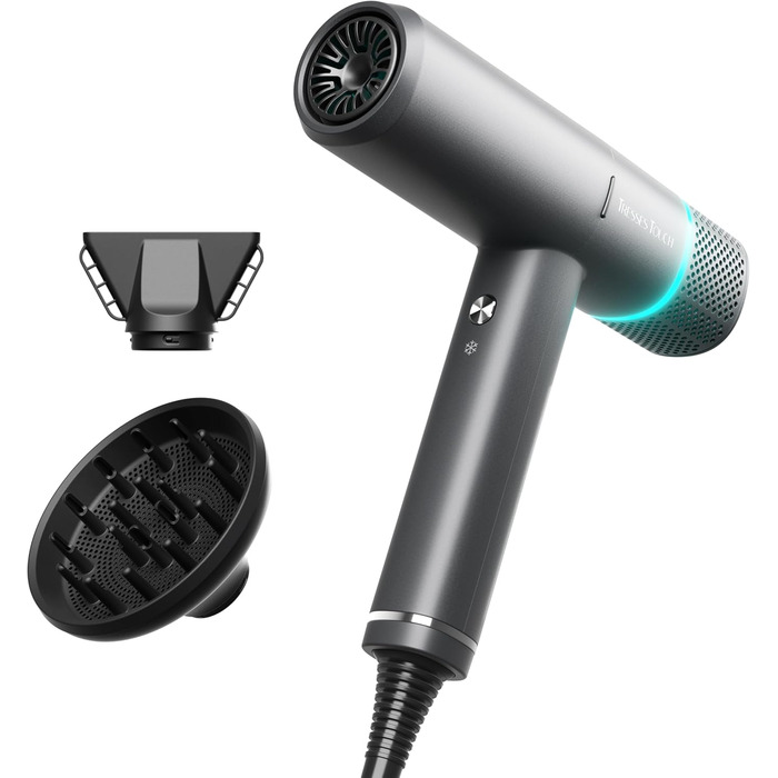 Іонізатор для волосся Föhn - високошвидкісний фен з насадкою-дифузором для жінок та чоловіків, 3 режими/2 швидкості, легкий, рівномірне тепло, тихий, чорний (сірий)