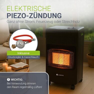 Газовий обігрівач Juskys® GS42US - 4200 Вт, чорний колір, з регулятором тиску та шлангом. Мобільний, ефективний та енергозберігаючий газовий нагрівач, газовий камін, газове обладнання