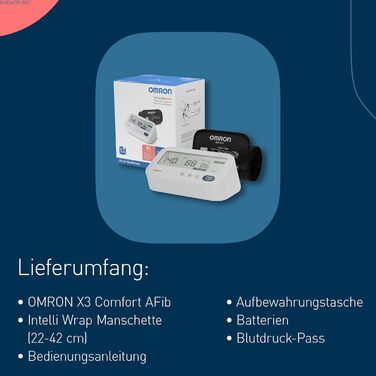 Тонометр OMRON X3 Comfort AFib: цифровий тонометр на плечі з визначенням передсердного фібрилювання, клінічно перевірений, підходить для діабетиків та вагітних, 22-42 см