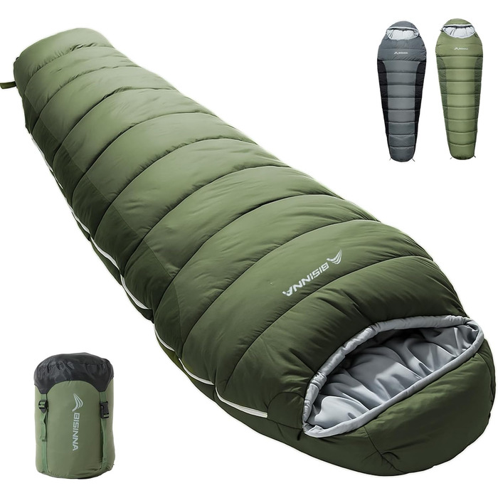 Сплячий мішок BISINNA Mumienschlafsack -10°C - 5°C [400GSM] для чотирьох сезонів, дорослий, водовідштовхувальний, YKK Zip, для відпочинку на природі, кемпінгу, трекінгу та подорожей (зелений)