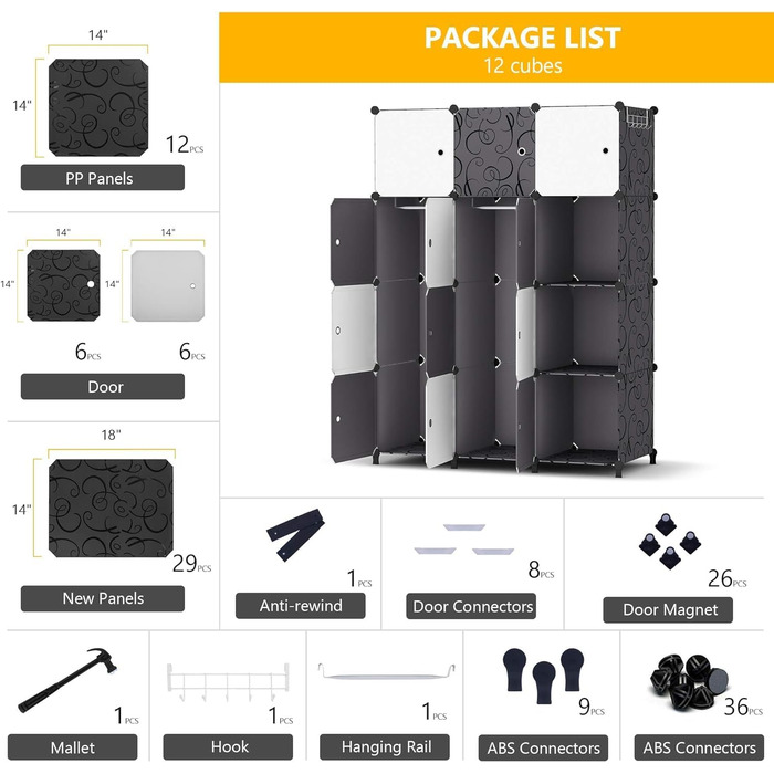 HOMIDEC Closet, Portable Storage System, 20-Cube Plastic Closet with 2 Clothes Rods, Bedroom Closet Wardrobe White for Bedroom, 180 x 142 x 45cm (12 cube, White & Black)